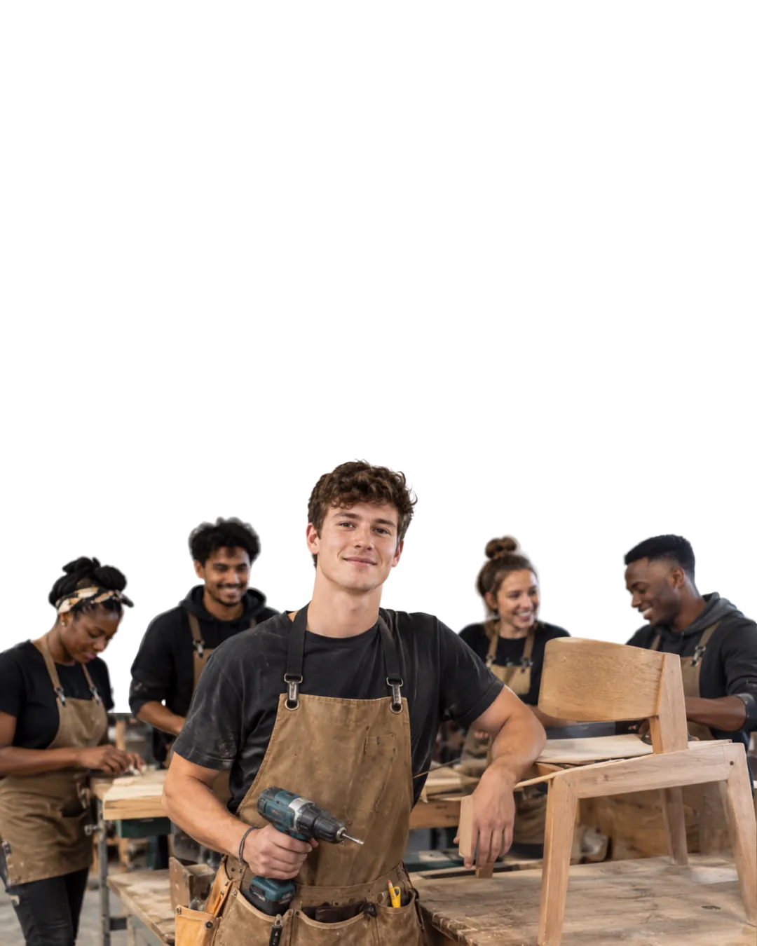 Makers at a workbench, one holding a drill beside a part-built chair